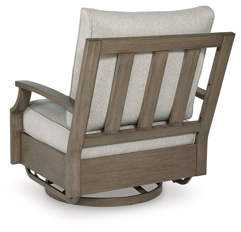 Rainier Ranch Outdoor Loveseat and 2 Chairs with Coffee Table in Brown/Beige from Ashley - Lara Furniture