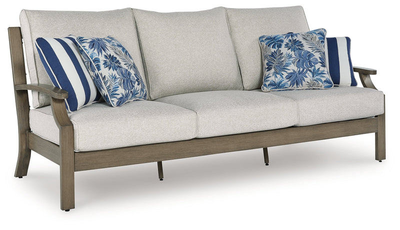 Rainier Ranch Outdoor Sofa and Loveseat with Coffee Table in Brown/Beige from Ashley - Lara Furniture