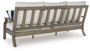 Rainier Ranch Outdoor Sofa and Loveseat with Coffee Table in Brown/Beige from Ashley - Lara Furniture