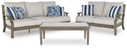 Rainier Ranch Outdoor Sofa and Loveseat with Coffee Table in Brown/Beige from Ashley - Lara Furniture