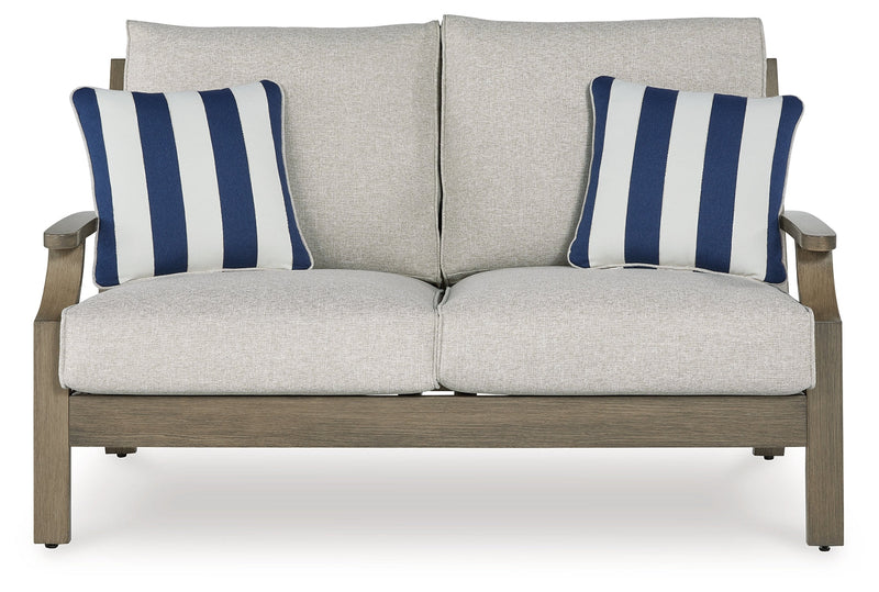 Rainier Ranch Outdoor Sofa and Loveseat with Coffee Table in Brown/Beige from Ashley - Lara Furniture