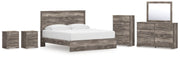 Ralinksi King Panel Bed with Mirrored Dresser, Chest and 2 Nightstands in Gray from Ashley - Lara Furniture