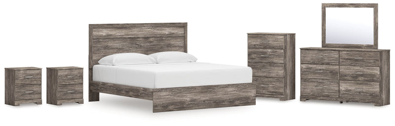 Ralinksi King Panel Bed with Mirrored Dresser, Chest and 2 Nightstands in Gray from Ashley - Lara Furniture