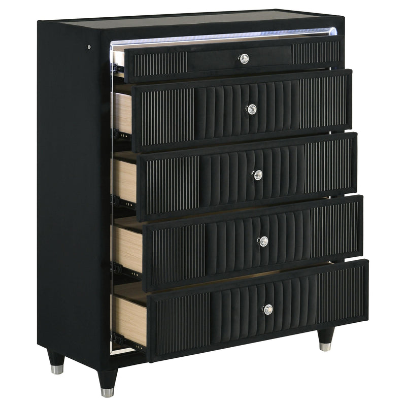 Ravenne 5-drawer Velvet Upholstered LED Chest of Drawers Black - 223195