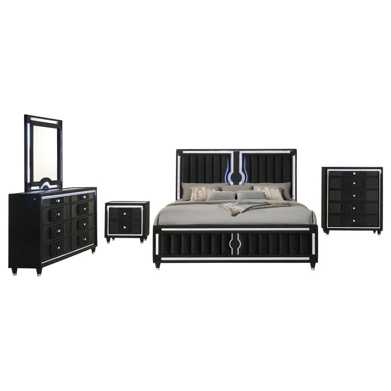 Ravenne 5-piece Velvet Upholstered Queen LED Bedroom Set Black - 223191Q-S5