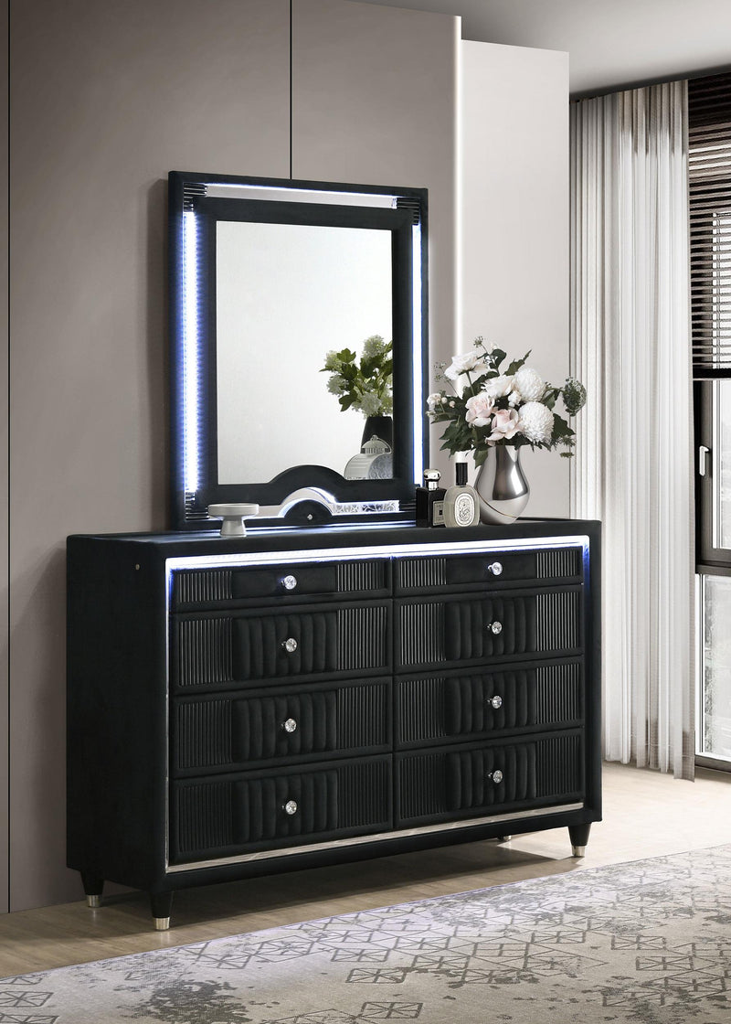 Ravenne 8-drawer Velvet Upholstered LED Dresser and Mirror Black - 223193M