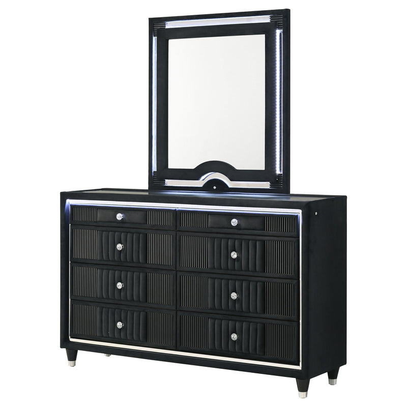 Ravenne 8-drawer Velvet Upholstered LED Dresser and Mirror Black - 223193M