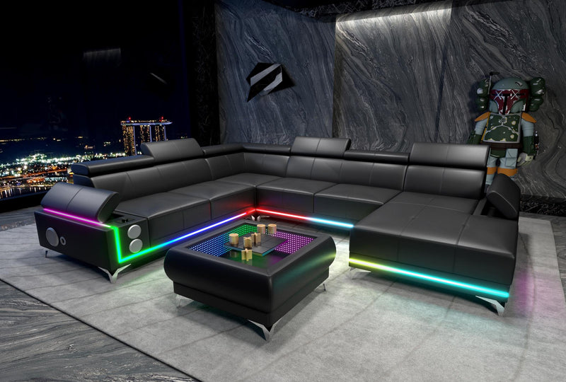 Raya - 4PC Black Sectional with Adjustable Headrest, Bluetooth Speaker, Subwoofer, Multi Color LED, Storage Armrest and Wireless Charger - CS4045-Sectional-Black