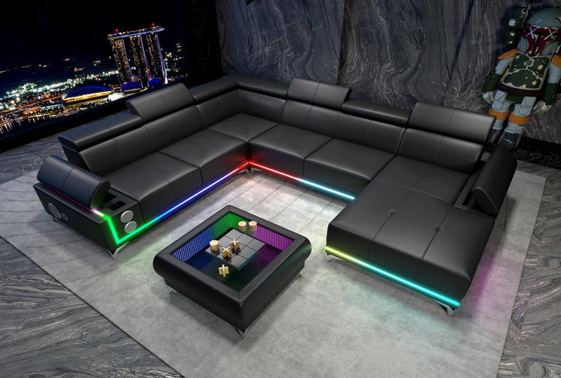 Raya - 4PC Black Sectional with Adjustable Headrest, Bluetooth Speaker, Subwoofer, Multi Color LED, Storage Armrest and Wireless Charger - CS4045-Sectional-Black