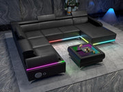 Raya - 4PC Black Sectional with Adjustable Headrest, Bluetooth Speaker, Subwoofer, Multi Color LED, Storage Armrest and Wireless Charger - CS4045-Sectional-Black
