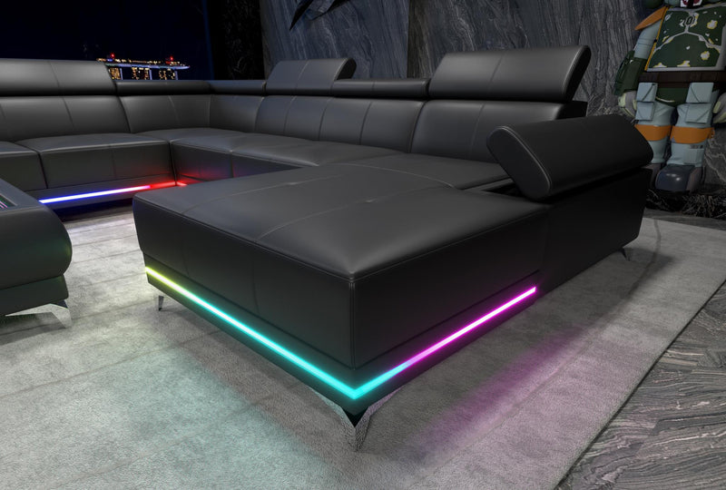Raya - 4PC Black Sectional with Adjustable Headrest, Bluetooth Speaker, Subwoofer, Multi Color LED, Storage Armrest and Wireless Charger - CS4045-Sectional-Black