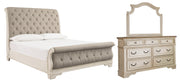 Realyn California King Sleigh Bed with Mirrored Dresser in Chipped White - PKG006650