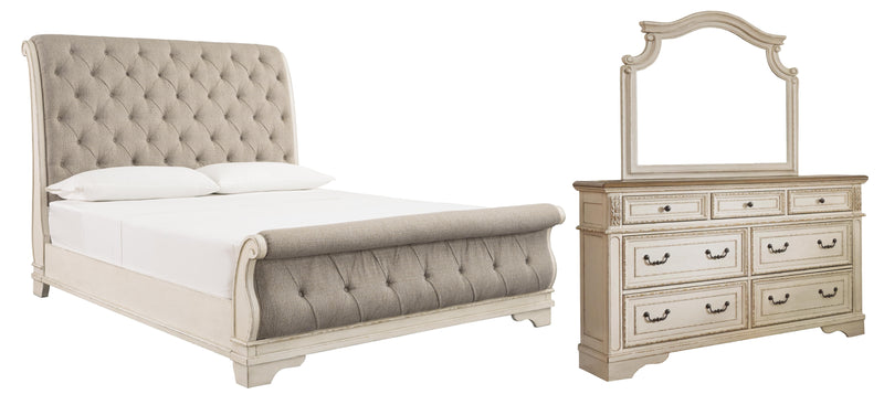 Realyn California King Sleigh Bed with Mirrored Dresser in Chipped White - PKG006650