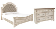 Realyn California King Upholstered Panel Bed with Dresser in Chipped White - PKG006683