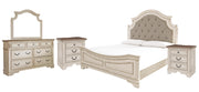 Realyn California King Upholstered Panel Bed with Mirrored Dresser and 2 Nightstands in Chipped White - PKG006685