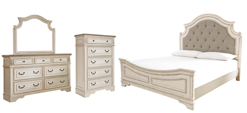 Realyn California King Upholstered Panel Bed with Mirrored Dresser and Chest in Chipped White - PKG006686