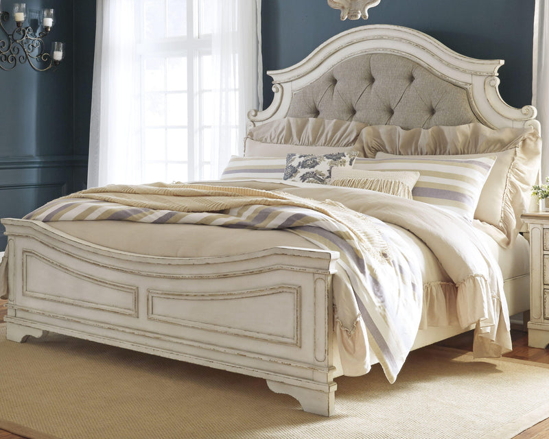 Realyn California King Upholstered Panel Bed with Mirrored Dresser and Chest in Chipped White - PKG006686