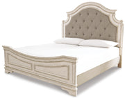 Realyn California King Upholstered Panel Bed with Mirrored Dresser, Chest and Nightstand in Chipped White - PKG006687