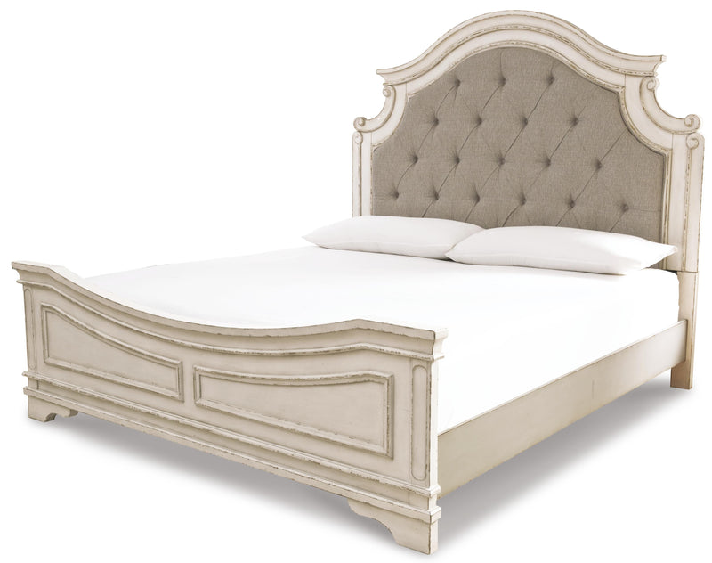 Realyn California King Upholstered Panel Bed with Mirrored Dresser, Chest and Nightstand in Chipped White - PKG006687