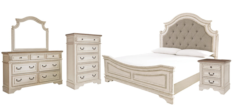 Realyn California King Upholstered Panel Bed with Mirrored Dresser, Chest and Nightstand in Chipped White - PKG006687