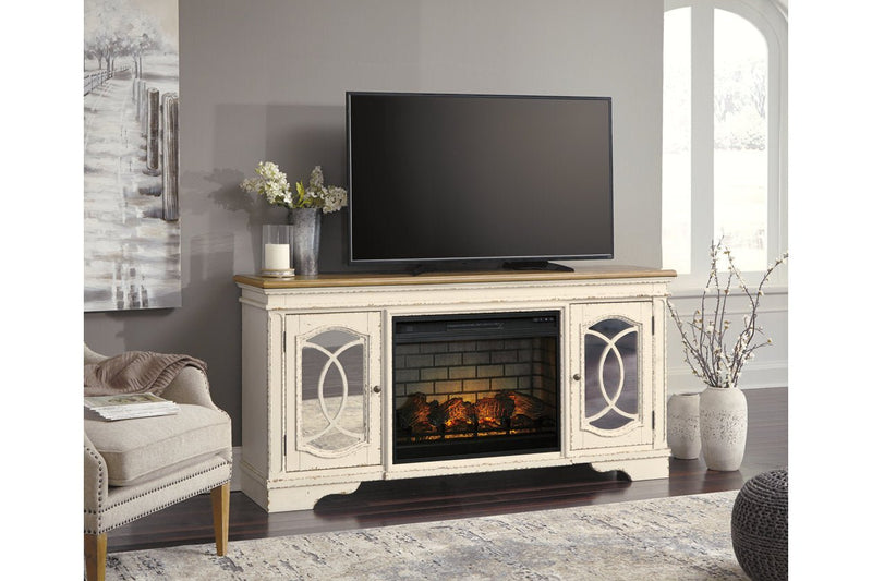 Realyn Chipped White 74" TV Stand with Electric Fireplace - Lara FurnitureTV Stand