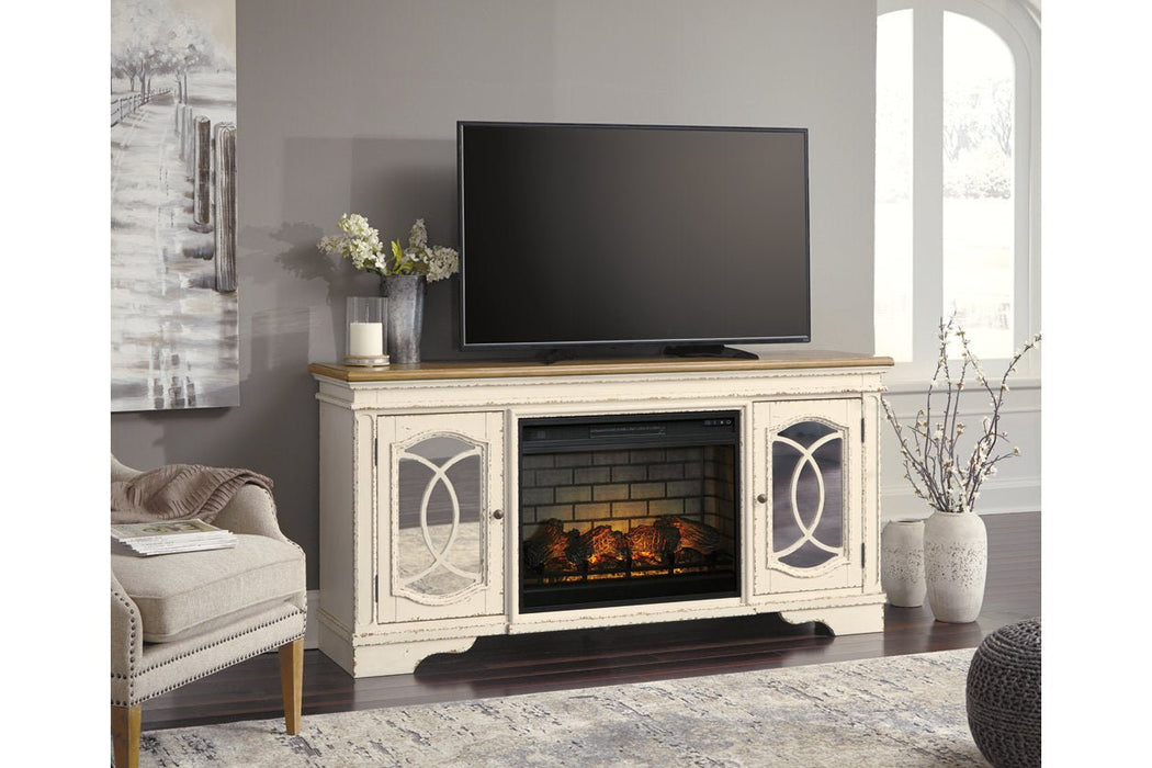 Realyn Chipped White 74" TV Stand with Electric Fireplace - Gate FurnitureTV Stand