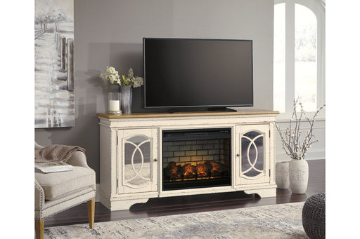 Realyn Chipped White 74" TV Stand with Electric Fireplace - Gate FurnitureTV Stand