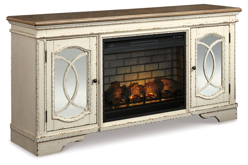 Realyn Chipped White 74" TV Stand with Electric Fireplace - Lara FurnitureTV Stand