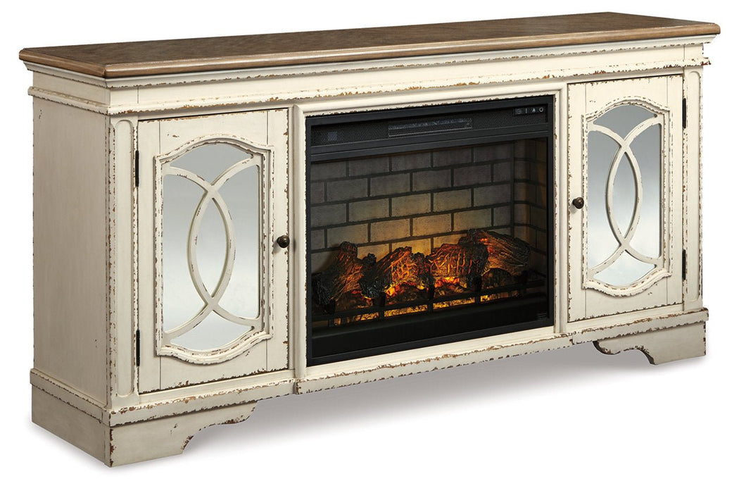 Realyn Chipped White 74" TV Stand with Electric Fireplace - Gate FurnitureTV Stand