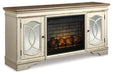 Realyn Chipped White 74" TV Stand with Electric Fireplace - Gate FurnitureTV Stand