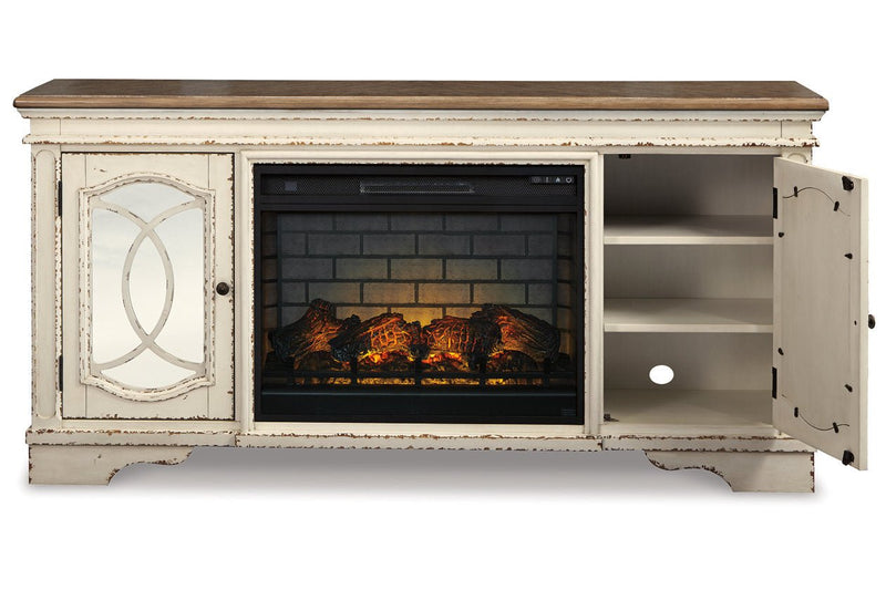 Realyn Chipped White 74" TV Stand with Electric Fireplace - Lara FurnitureTV Stand