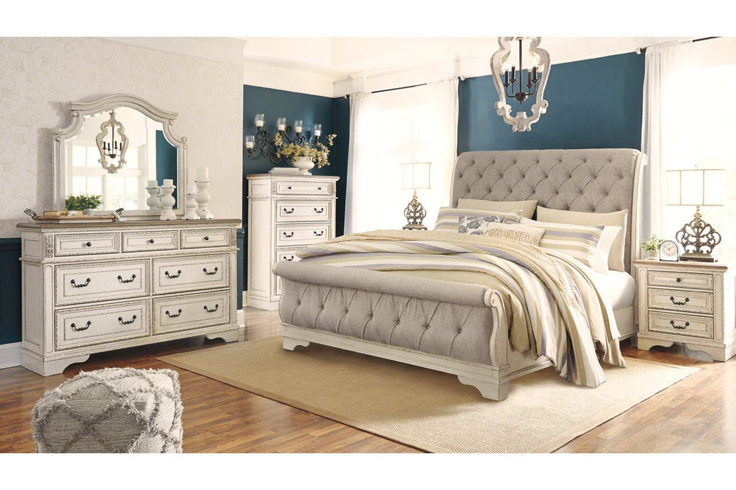 Realyn Chipped White Queen Sleigh Bed - Gate FurnitureQueen Bed