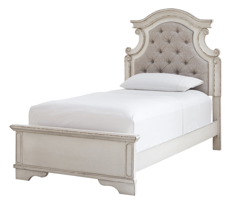 Realyn Chipped White Twin Upholstered Bed - Gate FurnitureTwin Bed