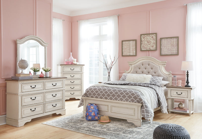 Realyn Full Panel Bed with Mirrored Dresser, Chest and Nightstand in Chipped White from Ashley - Lara Furniture