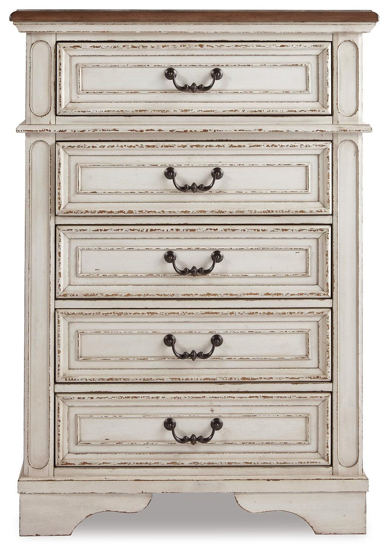 Realyn Full Upholstered Panel Bed, Dresser, Mirror, Chest and Nightstand - B743B104
