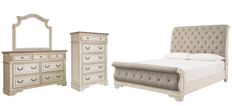 Realyn King Sleigh Bed with Mirrored Dresser and Chest in Chipped White - PKG006658