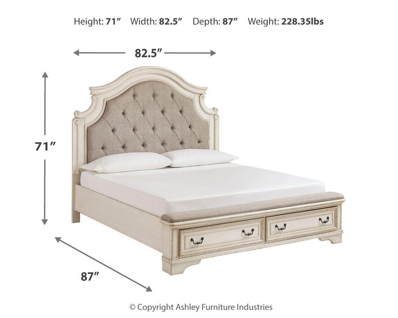 Realyn King Storage Bed, Dresser, Mirror, Chest, Vanity with Stool and 2 Nightstands - B743B107