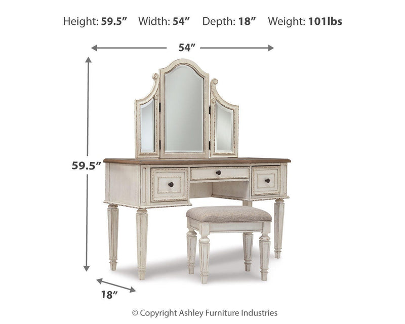 Realyn King Storage Bed, Dresser, Mirror, Chest, Vanity with Stool and 2 Nightstands - B743B107