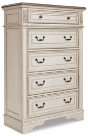 Realyn King Upholstered Panel Bed with Mirrored Dresser, Chest and Nightstand in Chipped White - PKG006681
