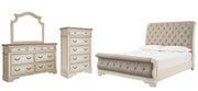 Realyn Queen Sleigh Bed with Mirrored Dresser and 2 Nightstands in Chipped White - PKG006670