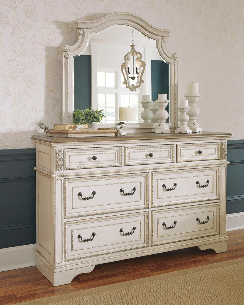Realyn Queen Sleigh Bed with Mirrored Dresser and 2 Nightstands in Chipped White - PKG006670