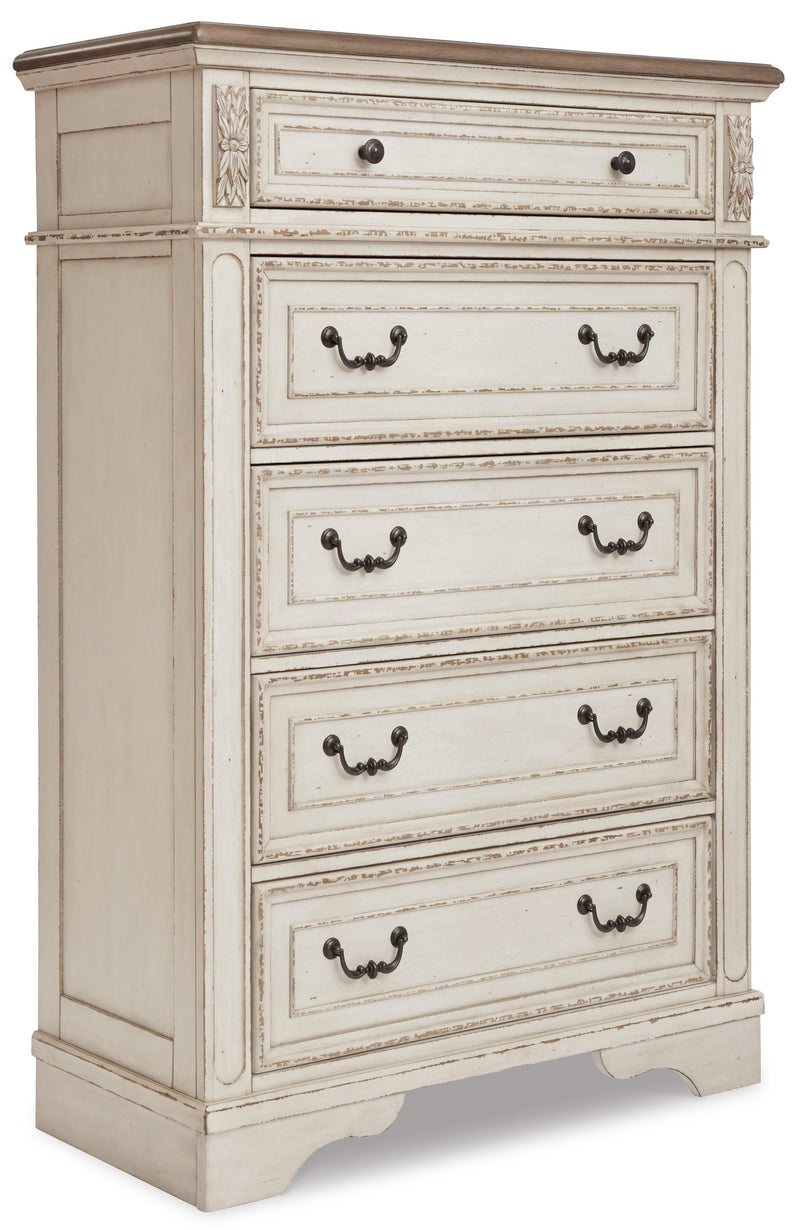 Realyn Queen Sleigh Bed with Mirrored Dresser, Chest and Nightstand in Chipped White - PKG006672