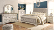 Realyn Queen Sleigh Bed with Mirrored Dresser, Chest and Nightstand in Chipped White - PKG006672