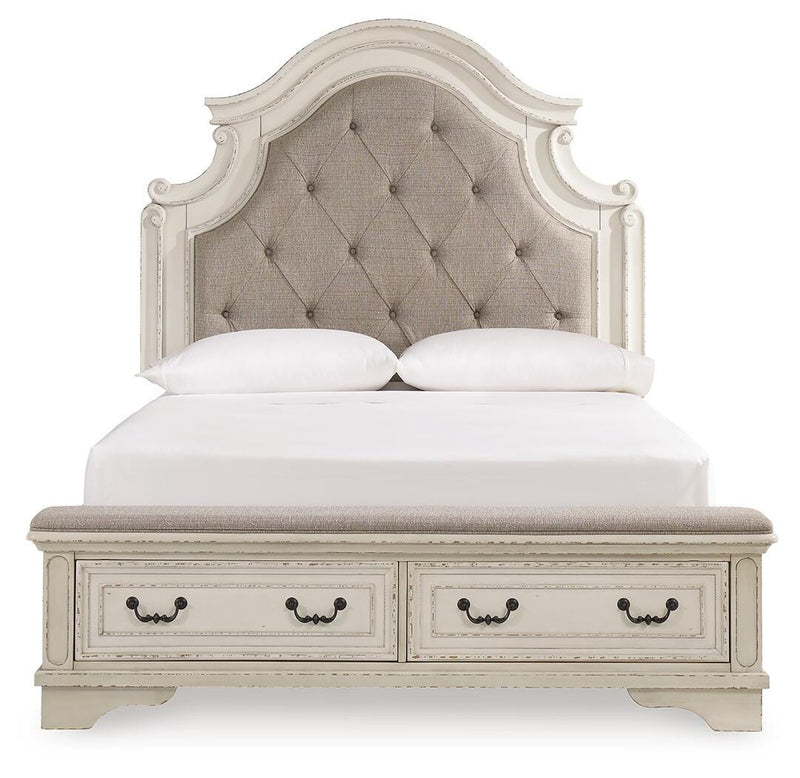Realyn Queen Upholstered Panel Bed, Dresser, Mirror and Chest - B743B110