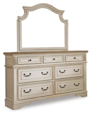 Realyn Queen Upholstered Panel Bed with Mirrored Dresser, Chest and Nightstand in Chipped White - PKG006662