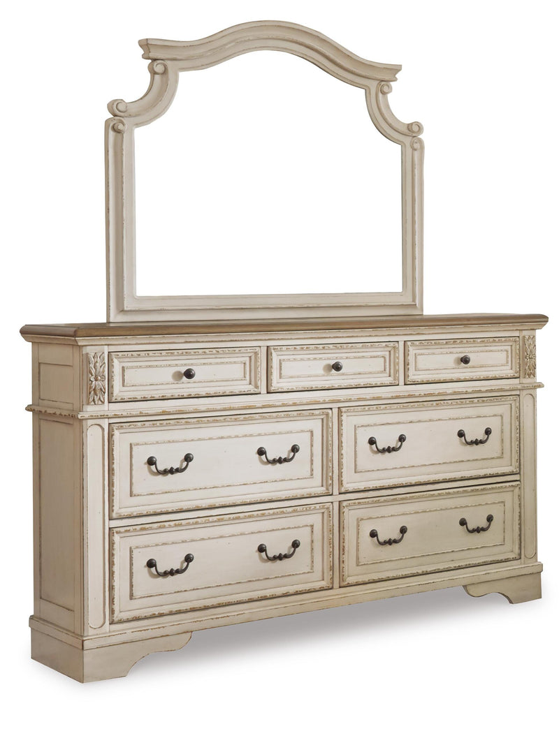 Realyn Queen Upholstered Panel Bed with Mirrored Dresser, Chest and Nightstand in Chipped White - PKG006662