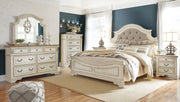 Realyn Queen Upholstered Panel Bed with Mirrored Dresser, Chest and Nightstand in Chipped White - PKG006662