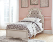 Realyn Twin Panel Bed with Mirrored Dresser and 2 Nightstands in Chipped White - PKG006717