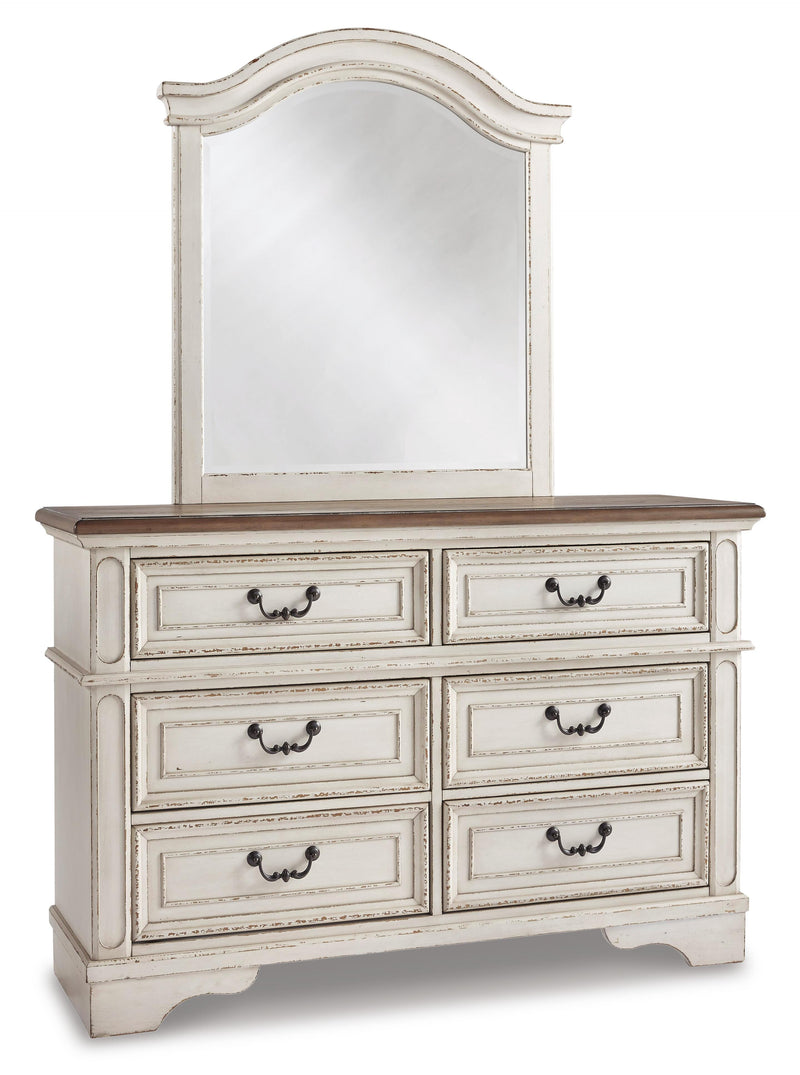 Realyn Twin Panel Bed with Mirrored Dresser and Chest in Chipped White - PKG006718