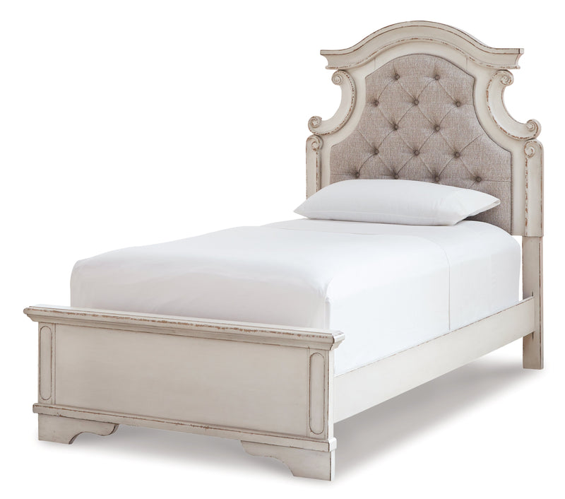 Realyn Twin Panel Bed with Mirrored Dresser, Chest and 2 Nightstands in Chipped White from Ashley - Lara Furniture